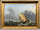 Sailing vessels in squally waters by English School, oil on canvas, sold Jul 2016