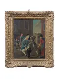 Elegant figures passing a young chimney sweep by French School, oil on canvas, offered Jul 2016