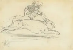 Adolph von Menzel, Hasenjagd (Kärtchen zur Ausstellung von Adolph Menzel). (Vor) 1898, Bleistift auf Papier