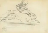 Adolph von Menzel, Hasenjagd (Kärtchen zur Ausstellung von Adolph Menzel). (Vor) 1898, Bleistift auf Papier