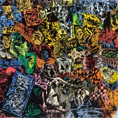 Jörg Immendorff, Cafe de Flore, 1991, Linolschnitt und Acryl auf Leinwand