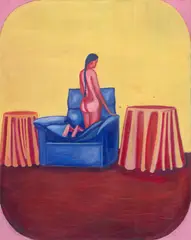 Hubert Schmalix, Akt auf blauem Sessel, 1985, Öl auf Leinwand, mit Künstlerleiste
