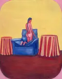 Hubert Schmalix, Akt auf blauem Sessel, 1985, Öl auf Leinwand, mit Künstlerleiste