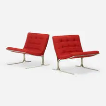 Nicos Zographos, Lounge chairs model 28, pair, c. 1960, upholstery, chrome-plated stainless steel