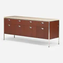 Cabinet by Florence Knoll, c. 1970, walnut, chrome-plated stainless steel, limestone, sold Jul 2024