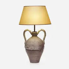 Table lamp by Guido Gambone, c. 1955, glazed stoneware, parchment, brass, plastic, leather, sold Jul 2024