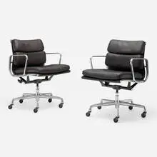 Soft Pad Management chairs, pair by Charles and Ray Eames, 1958 / 1997, leather, aluminum, enameled steel, sold Jul 2024