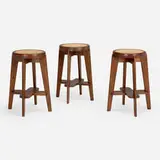 High stools from the Scientific Block, Punjab University, Chandigarh, set of three by Pierre Jeanneret, c. 1965-66, teak, cane, sold Jul 2024