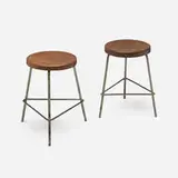 Stools from the College of Architecture, Chandigarh, pair by Pierre Jeanneret, c. 1960, teak, painted steel, sold Jul 2024
