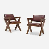Showroom armchairs from the Tagore Theater, Chandigarh, pair by Pierre Jeanneret, c. 1961, teak, leather, brass, sold Jul 2024