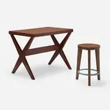 Table and stool from Chandigarh by Pierre Jeanneret, teak, painted steel, sold Jul 2024