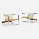 Habitat 67 lounge chairs, pair by Michel Dallaire for Jacques S. Guillon & Associates, 1967, chrome-plated steel, canvas, upholstery, cherry, sold Jul 2024