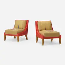 Jacques Quinet, Lounge chairs, pair, c. 1965, upholstery, leather, oak, brass