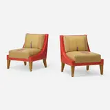 Jacques Quinet, Lounge chairs, pair, c. 1965, upholstery, leather, oak, brass