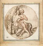 Hendrik Goltzius, Hercules and Omphale, red  chalk, pen and brown ink, grey wash laid down on paper, tondo