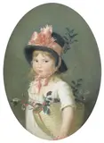 François Ferrière, Portrait of a boy holding a hoop; and Portrait of a girl with a basket, both within ovals, a pair, pastel on parchment