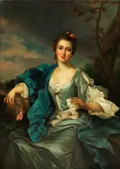 Jean-Marc Nattier, Portrait of a lady, three-quarter length, in a light blue dress and dark blue shawl, holding a carnation, in a landscape, oil on canvas