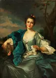 Jean-Marc Nattier, Portrait of a lady, three-quarter length, in a light blue dress and dark blue shawl, holding a carnation, in a landscape, oil on canvas