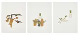 Marcel Dzama, Ohne Titel / Ohne Titel / Ohne Titel, 2000, 3 Blatt: Aquarell und Tuschfeder in Schwarz bzw. Aquarell, Tuschfeder und Filzstift in Schwarz, jeweils auf Papier