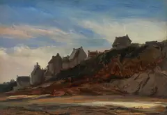 Eugène Isabey, Häuser an einer felsigen Küste, Öl auf Papier, auf Leinwand