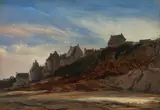 Eugène Isabey, Häuser an einer felsigen Küste, Öl auf Papier, auf Leinwand