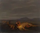 Deutsch, um 1840 & 50, Nächtliches Lagerfeuer am Strand, Öl auf Leinwand