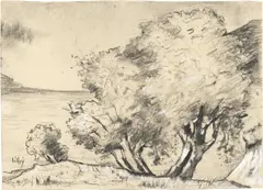 Lesser Ury, Frühling am Gardasee“. 1890er-Jahre, Kohle, weiß gehöht, auf leichtem Karton