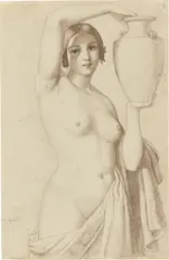 August Lucas, Weiblicher Halbakt mit Amphore, Um 1829, Feder in Braun über Bleistift auf Velin