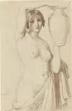 August Lucas, Weiblicher Halbakt mit Amphore, Um 1829, Feder in Braun über Bleistift auf Velin