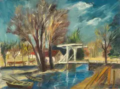 Franz Heckendorf, Zugbrücke am Molchowsee, 1928, Öl auf Leinwand. Doubliert