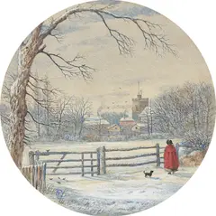 Das Dorf Maxen mit Frau in rotem Mantel (Winterbild) by Ernst Ferdinand Oehme, Um 1844, Gouache auf Karton, auf einen weiteren Karton aufgezogen (Tondo). Ø 25,4 cm (Ø 36 cm) (10 in. (Ø 14 ⅛ in.)), sold Nov 2023