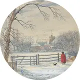 Ernst Ferdinand Oehme, Das Dorf Maxen mit Frau in rotem Mantel (Winterbild), Um 1844, Gouache auf Karton, auf einen weiteren Karton aufgezogen (Tondo). Ø 25,4 cm (Ø 36 cm) (10 in. (Ø 14 ⅛ in.))