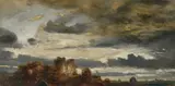 Eduard Schleich d. Ä., Studie zur „Abendlandschaft mit Steg im Vordergrund, Um 1863, Öl auf Leinwand, auf Pappe aufgezogen