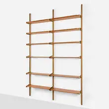 attribution Pierluigi Spadolini, Wall-mounted shelving unit, c. 1956, Italian walnut, brass