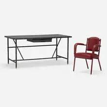 Desk and chair by Jacques Adnet, c. 1950, saddle-stitched leather over wood, enameled iron, brass, sold Jun 2024