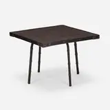 attribution Jacques Adnet, Coffee table, c. 1955, saddle-stitched leather over steel, glazed stoneware, wood, brass