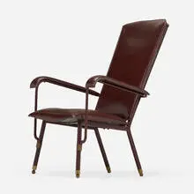 Lounge chair by Jacques Adnet, c. 1955, saddle-stitched leather over steel, brass, sold Jun 2024