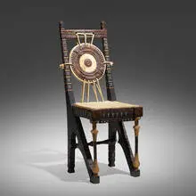 Chair by Carlo Bugatti, 1908, carved and ebonized wood, Italian walnut, pewter inlay, hand-decorated vellum, copper, brass, rope, sold Jun 2024