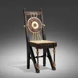 Carlo Bugatti, Chair, 1908, carved and ebonized wood, Italian walnut, pewter inlay, hand-decorated vellum, copper, brass, rope