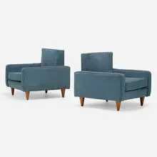 Lounge chairs, pair by Joaquim Tenreiro, c. 1960, upholstery, jatoba, sold Jun 2024