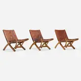 Angel Pazmiño, Folding chairs, set of three, c. 1965, hand-tooled leather, mahogany