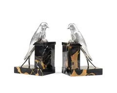 Suzanne Bizard, pair of Art Deco silvered bronze swallow book ends, silvered bronze