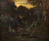 Théodore Rousseau, Forest scene with peasants and cows, oil on canvas