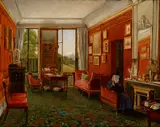 Interior with figures reading by French School, oil on paper laid down on board, offered May 2016