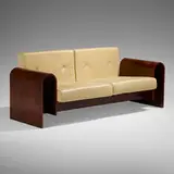 Settee for Hotel SESC, Rio de Janeiro by Oscar and Anna Maria Niemeyer, 1990, rosewood, leather, sold Jun 2024