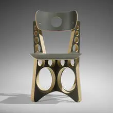 Shop chair (Olive Drab) by Tom Sachs, 2019, lacquered maple and pine plywood, rubber, stainless steel, sold Jun 2024