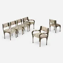 Paul Evans, Sculpted Bronze chairs, set of six, c. 1970, bronzed resin over steel, upholstery