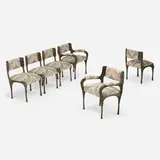 Sculpted Bronze chairs, set of six by Paul Evans, c. 1970, bronzed resin over steel, upholstery, sold Jun 2024