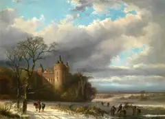 Alfred Edouard Agenor van Bylandt, Winter scene with castle and figures skating