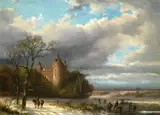 Winter scene with castle and figures skating by Alfred Edouard Agenor van Bylandt, sold May 2016
